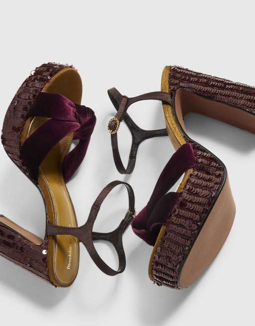 River Island Burgundy sequin block heeled sandals in burgundy, 3 of 4