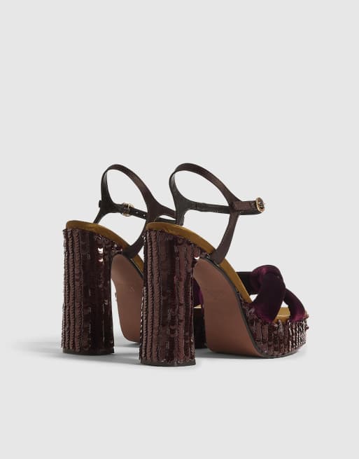 River Island Burgundy sequin block heeled sandals in burgundy, 4 of 4