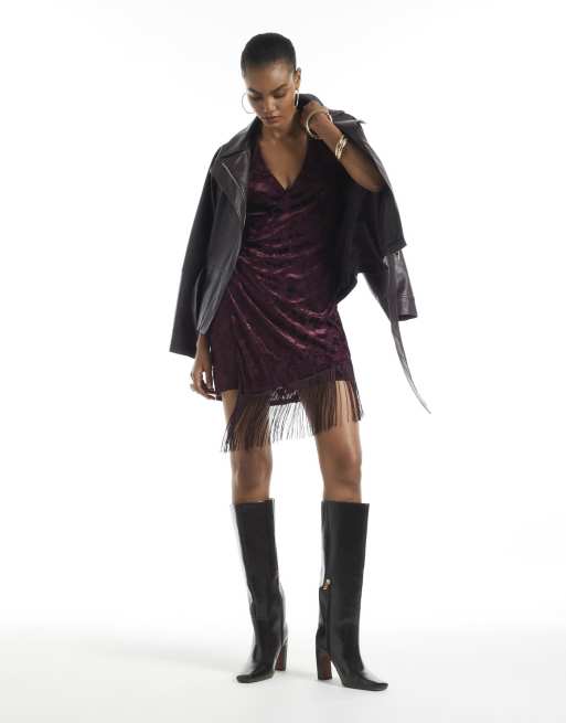 River Island Burgundy velvet devore fringe dress in burgundy, 3 of 4