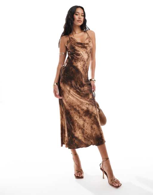 River Island burnout print maxi slip dress in dark brown | ASOS