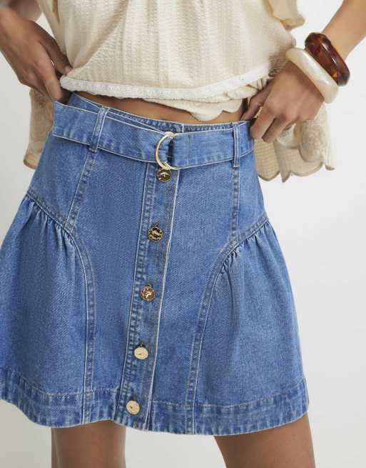 River Island Button belted denim mini skirt in medium blue, 3 of 4