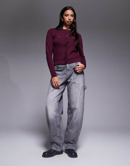 River Island button detail cardigan in burgundy , 3 of 4