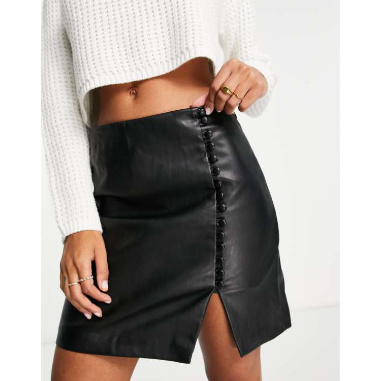 Faux Leather Split Hem Pencil Skirt - Black