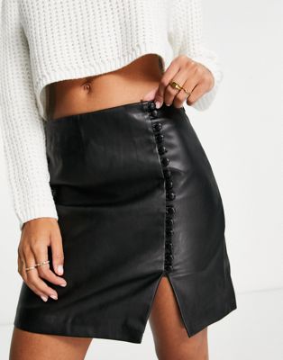 River Island button detail fuax leather mini skirt with split hem in black