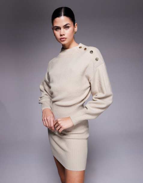 River Island button detail jumper dress in cream - view 1