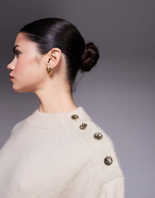 River Island button-detail jumper dress in cream, 3 of 4