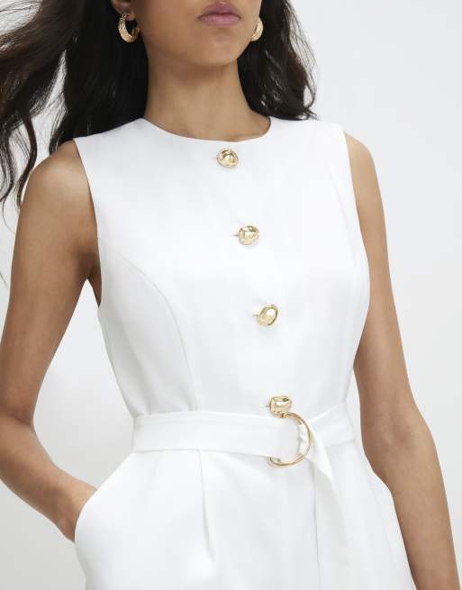 River Island Button detail playsuit in white, 2 of 4