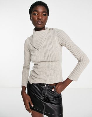 River Island button detail roll neck rib top in light brown