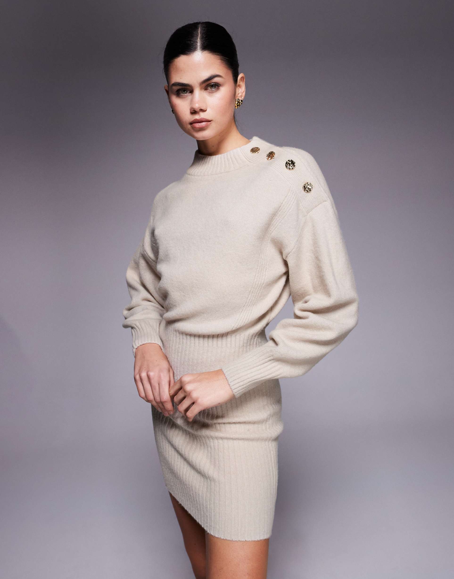 river island button detail sweater dress in cream