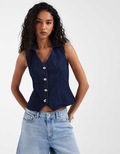 River Island button detailed denim waistcoat in dark denim