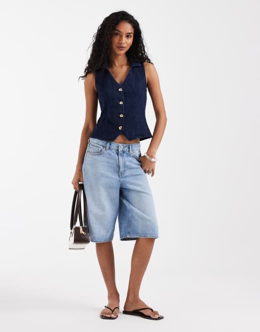 River Island button detailed denim waistcoat in dark denim, 2 of 4