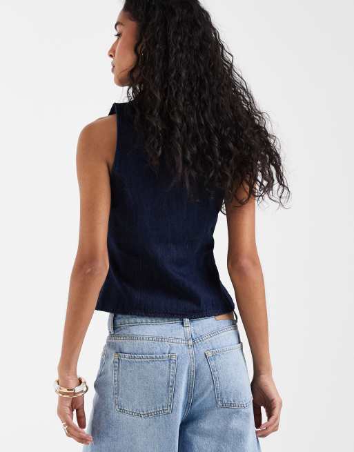 River Island button detailed denim waistcoat in dark denim, 4 of 4
