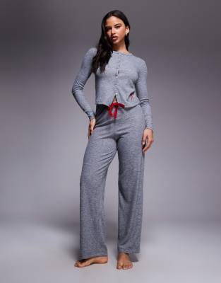 River Island Button Down Bow Detail Pajama Set In Gray