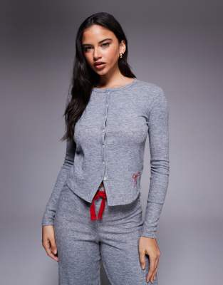 River Island Button Down Bow Detail Pajama Set In Gray