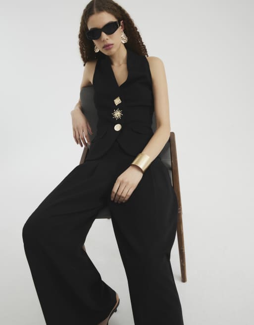 River Island button down halterneck vest in black