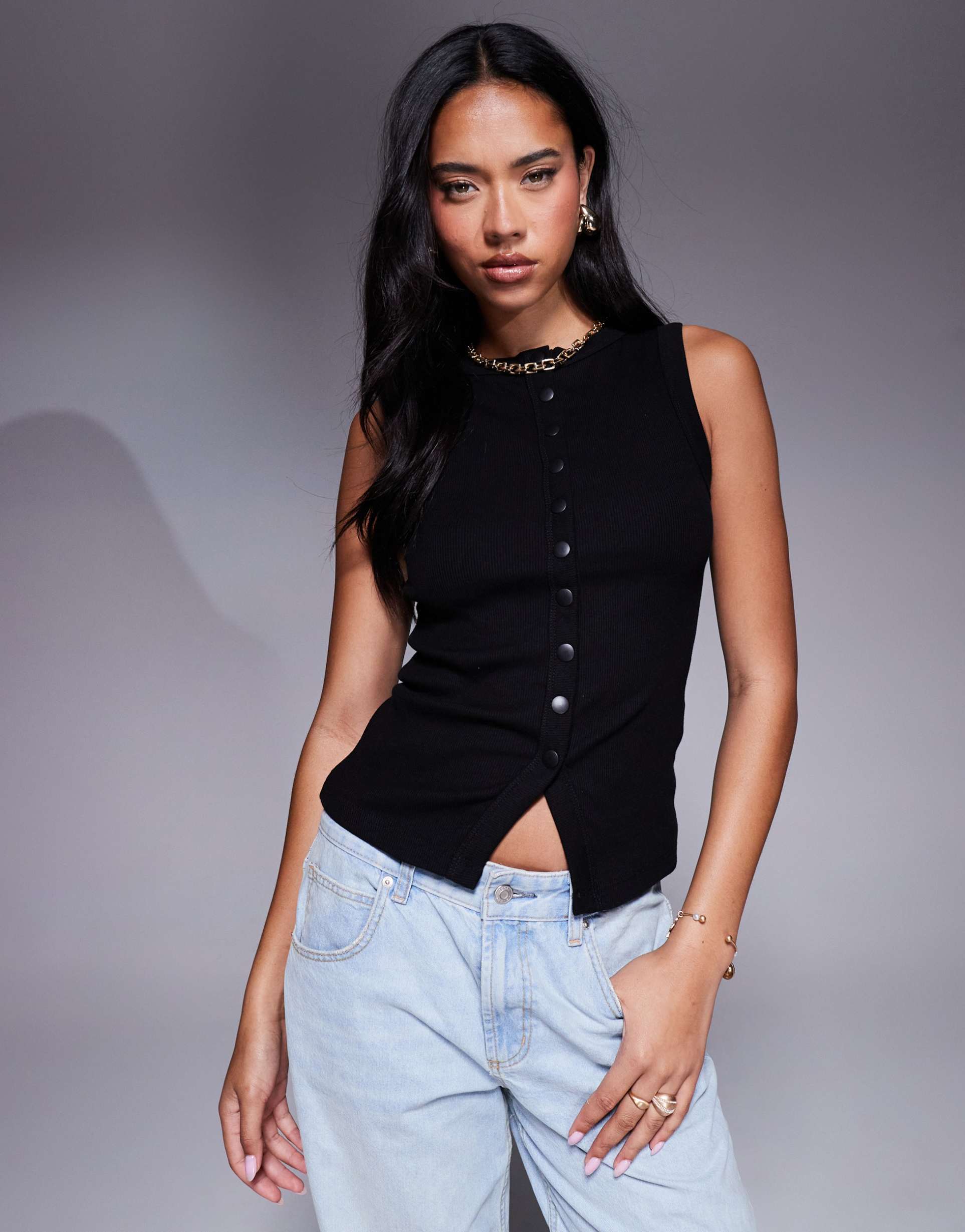 river island button down ribbed tank top in black
