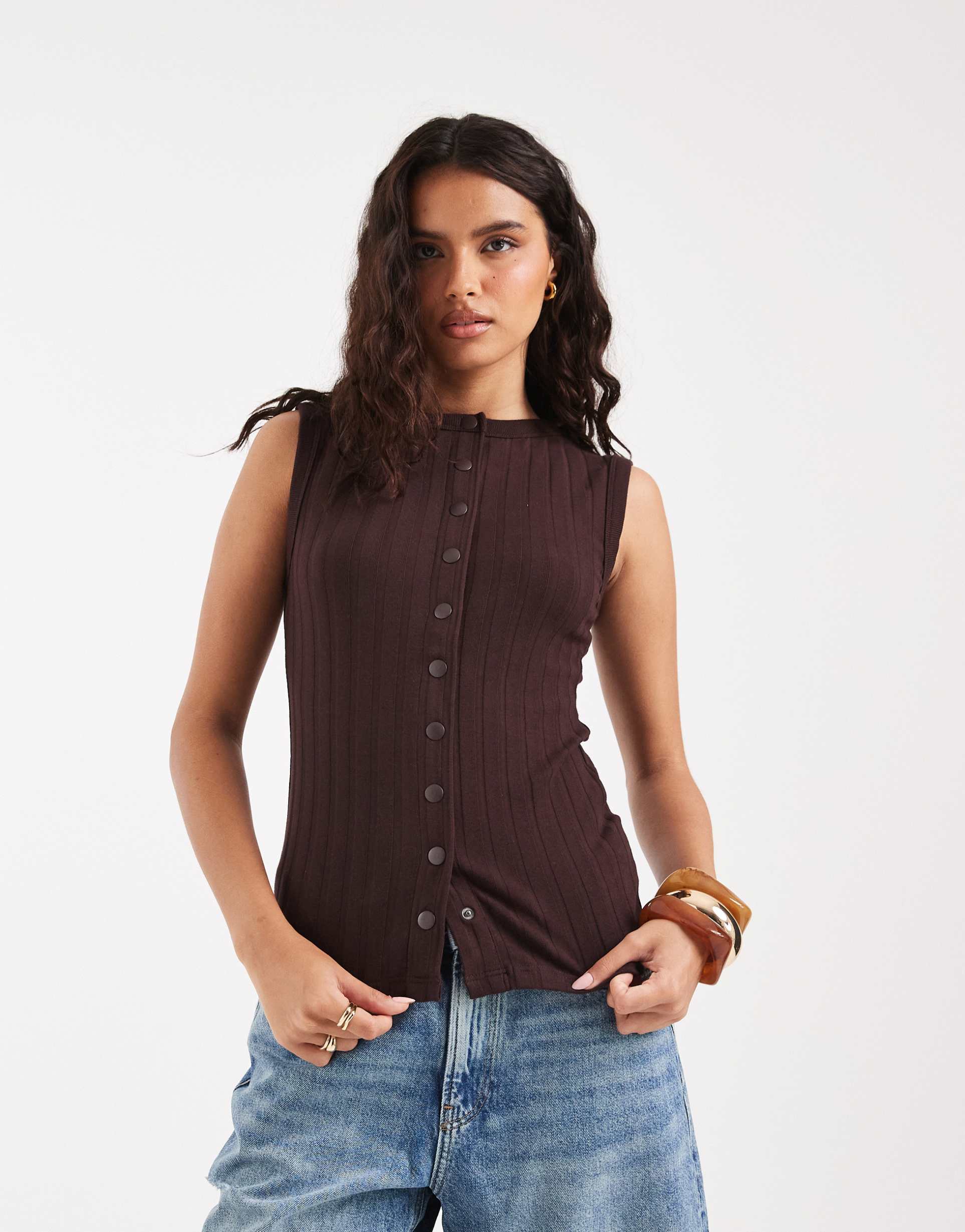 river island button down tank top in dark brown