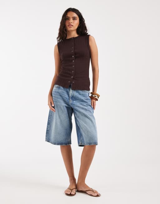 River Island button down tank top in dark brown, 2 of 4