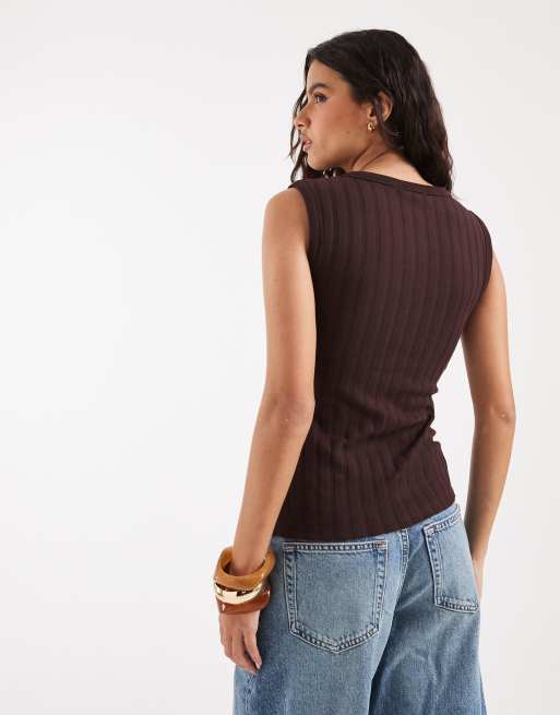 River Island button down tank top in dark brown, 4 of 4