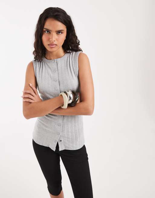 River Island button down tank top in grey marl, 2 of 4