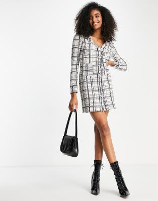 River Island button front boucle check mini dress in cream