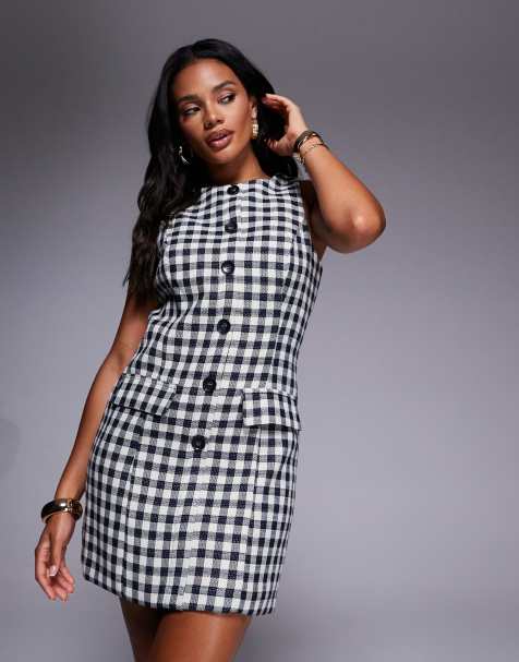 River Island button front gingham mini dress in black - view 1