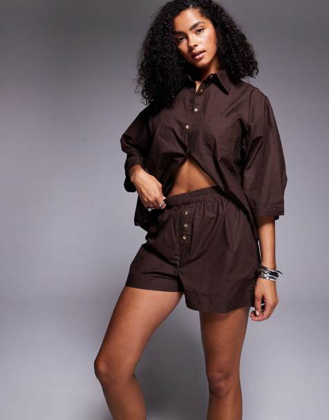 River Island button front poplin shorts co-ord in brown - view 1