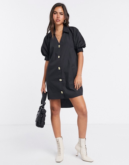 River Island button front puff sleeve mini dress in black