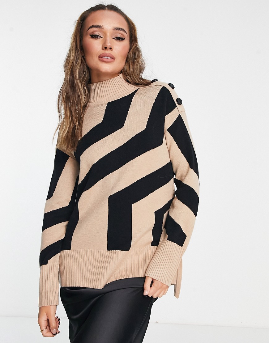 River Island button neck abstract stripe sweater in beige-Neutral