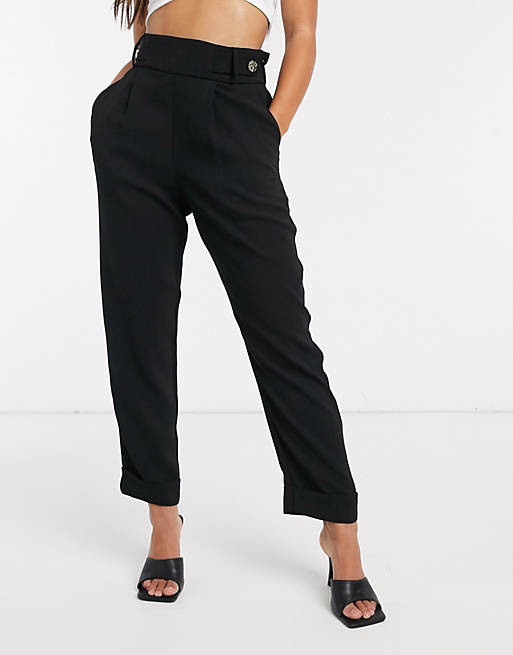 River Island button tab pleat trousers in black | ASOS