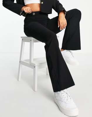 River Island button tab tailored kick flare trousers in black - ASOS Price Checker