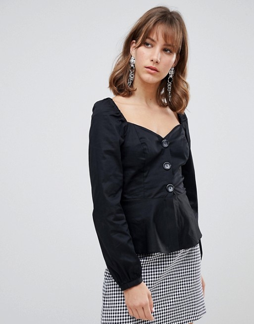 River Island button through blouse with sweetheart neckline in black