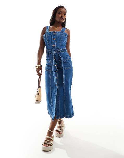 River Island button through denim midi dress in midwash blue - view 1