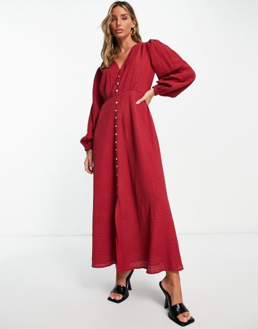 River Island button through midi dress in dark red | ASOS