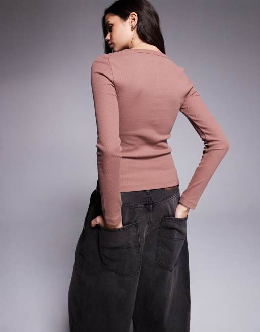 River Island button through ribbed top in beige, 2 of 4