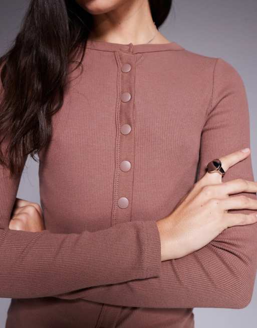 River Island button through ribbed top in beige, 3 of 4