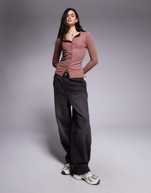 River Island button through ribbed top in beige, 4 of 4