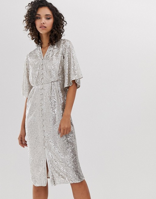 River Island button through sequinned dress in silver