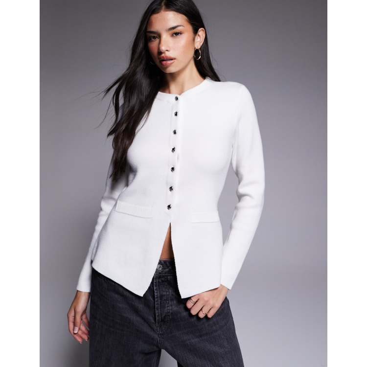 River Island button up knitted top in white ASOS