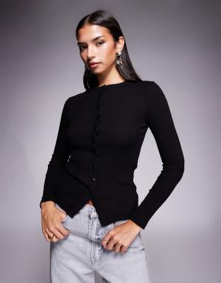 River Island Button Up Ribbed Top In Black