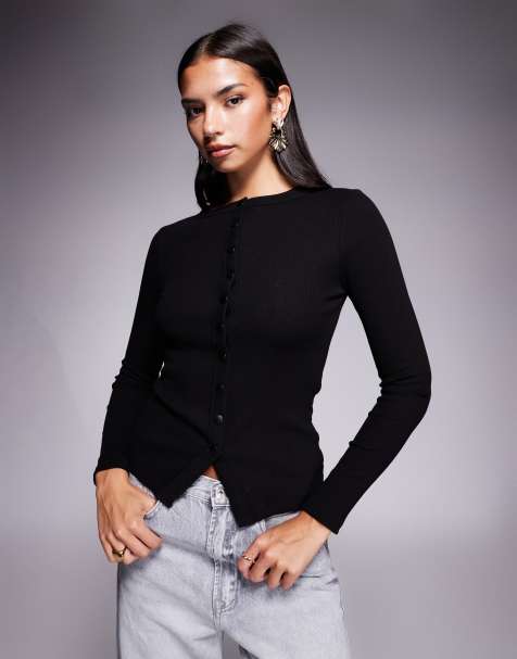 River Island button up ribbed top in black - view 1