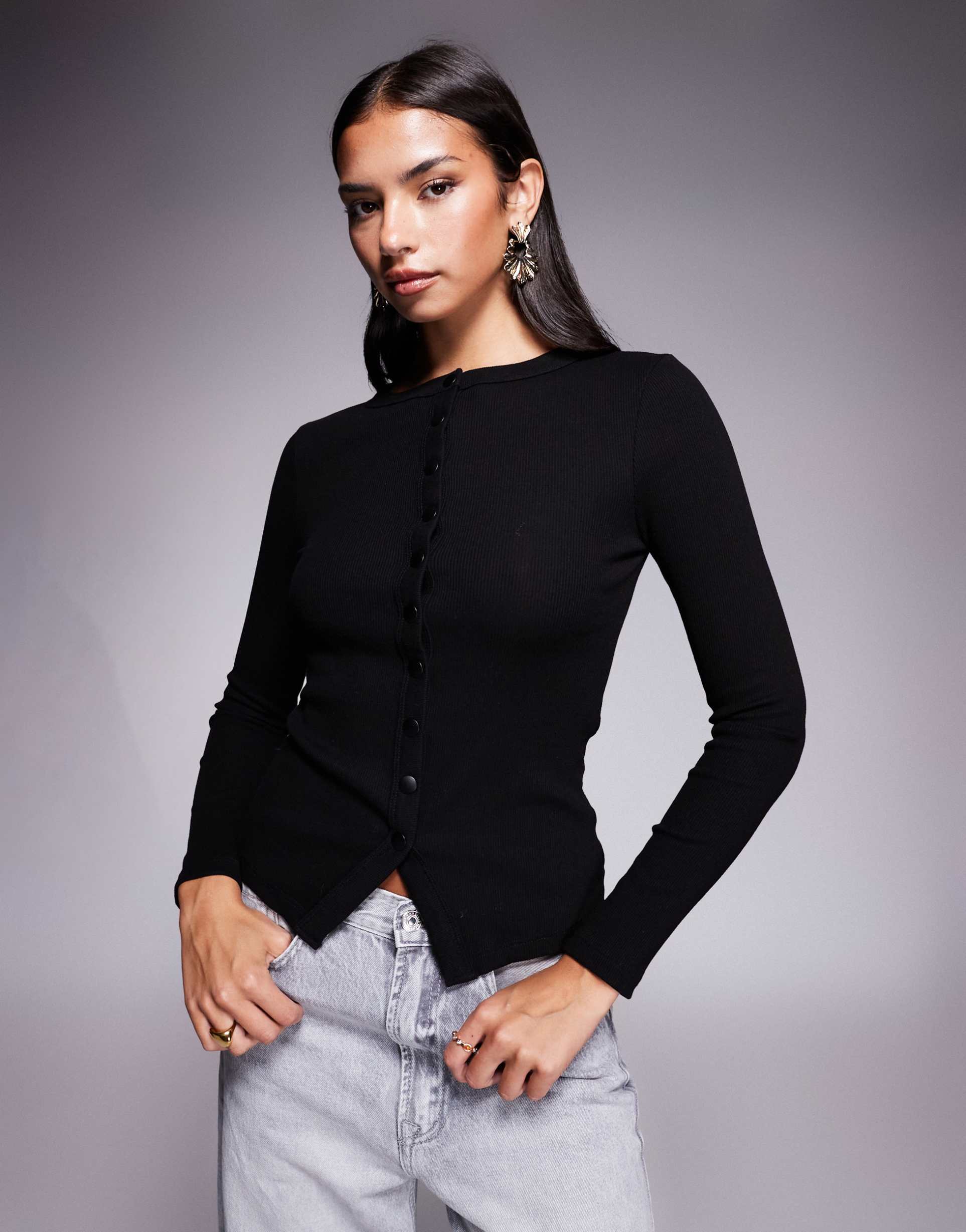 river island button up ribbed top in black