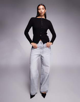 River Island Button Up Ribbed Top In Black