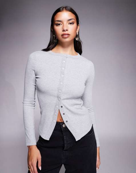 River Island button up ribbed top in heather gray - view 1