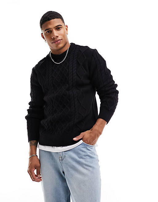 River Island cable crew jumper in black | ASOS