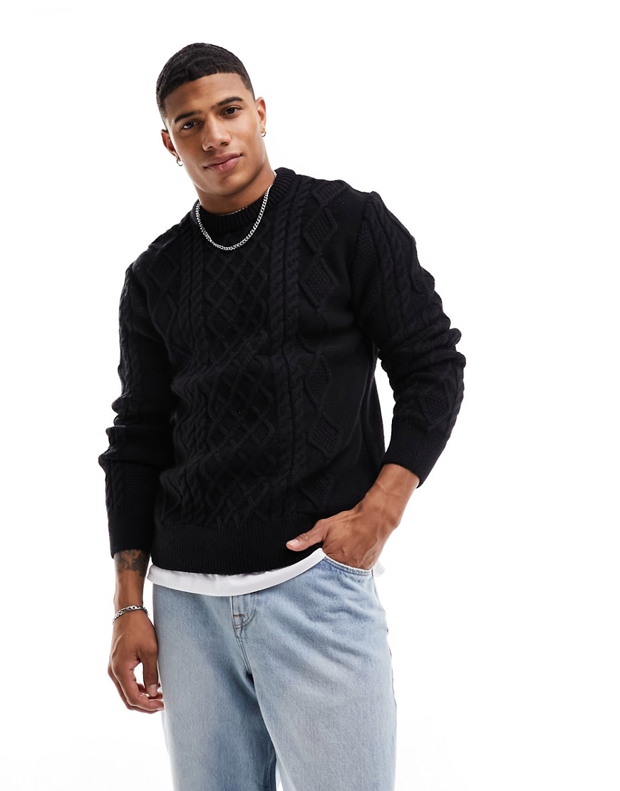 River Island Cable Crew Sweater In Black