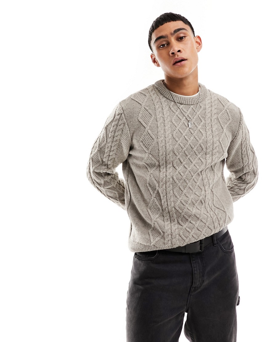 River Island Cable Crew Sweater In Stone-neutral