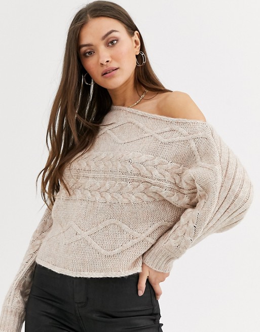 River Island cable knit asymmetric jumper in beige