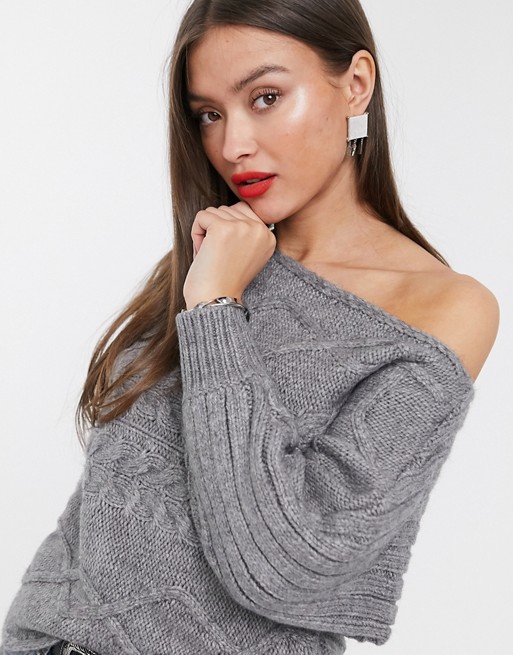 River Island cable knit asymmetric jumper in grey