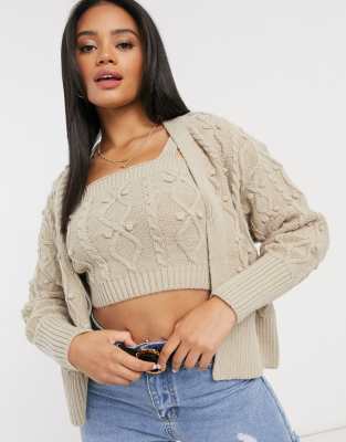 River Island cable knit bralette and cardi set in beige-Neutral